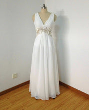 Load image into Gallery viewer, Sheer Tulle Back V-neck Ivory Chiffon Long Prom Dress with Applique