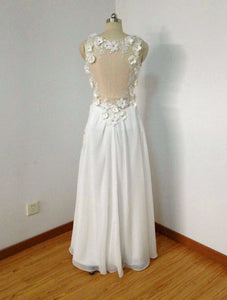 Sheer Tulle Back V-neck Ivory Chiffon Long Prom Dress with Applique