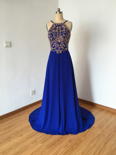 Long Spaghetti Straps Royal Blue Chiffon Backless Prom Dress