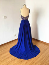 Load image into Gallery viewer, Long Spaghetti Straps Royal Blue Chiffon Backless Prom Dress