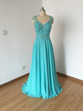 Load image into Gallery viewer, Cap Sleeves Turquoise Blue Chiffon Prom Dress Backless