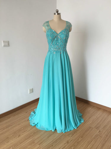 Cap Sleeves Turquoise Blue Chiffon Prom Dress Backless