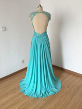 Load image into Gallery viewer, Cap Sleeves Turquoise Blue Chiffon Prom Dress Backless