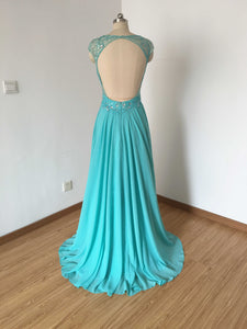 Cap Sleeves Turquoise Blue Chiffon Prom Dress Backless