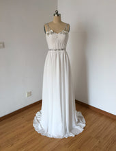 Load image into Gallery viewer, Spaghetti Straps Ivory Chiffon Prom Dress Silver Beaded