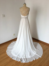 Load image into Gallery viewer, Spaghetti Straps Ivory Chiffon Prom Dress Silver Beaded