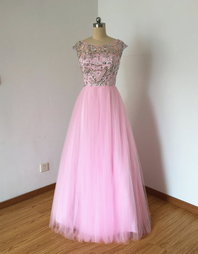 V-back Pink Tulle Prom Dress Ball Gown