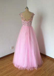 V-back Pink Tulle Prom Dress Ball Gown