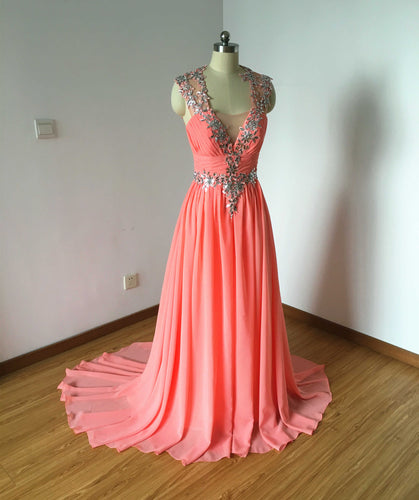 V-neck Coral Chiffon Prom Dress Sexy