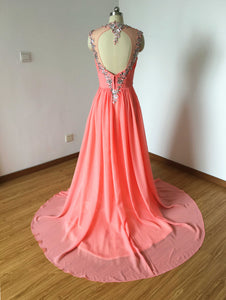 V-neck Coral Chiffon Prom Dress Sexy