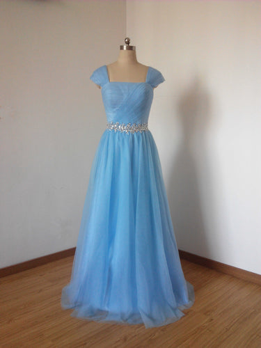 Cap Sleeves Blue Tulle Prom Dress Modest