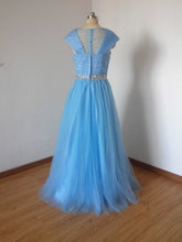 Load image into Gallery viewer, Cap Sleeves Blue Tulle Prom Dress Modest