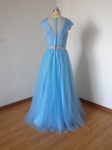 Cap Sleeves Blue Tulle Prom Dress Modest