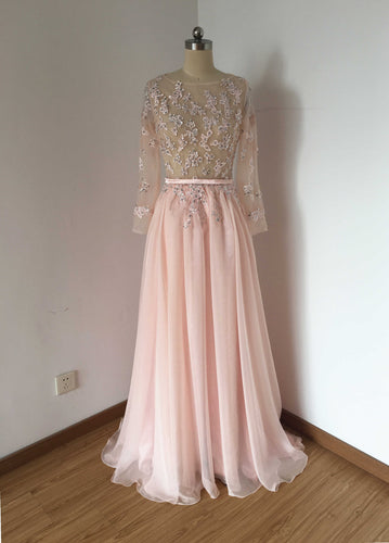 Long Sleeves Pale Pink Chiffon Long Prom Dress Sheer Top with Beaded Lace Appliques