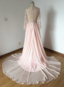 Long Sleeves Pale Pink Chiffon Long Prom Dress Sheer Top with Beaded Lace Appliques