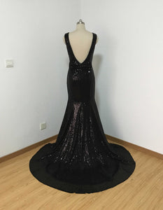 Mermaid Backless Black Sequin Long Prom Dress with Sequin Bow