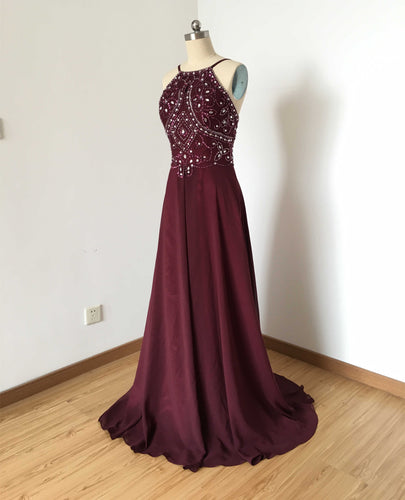 Backless Spaghetti Straps Burgundy Chiffon Long Prom Dress