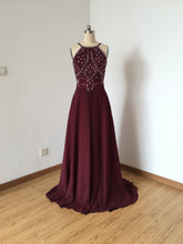 Load image into Gallery viewer, Backless Spaghetti Straps Burgundy Chiffon Long Prom Dress