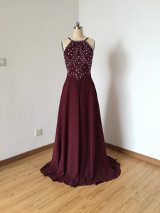 Backless Spaghetti Straps Burgundy Chiffon Long Prom Dress