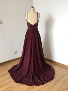 Backless Spaghetti Straps Burgundy Chiffon Long Prom Dress