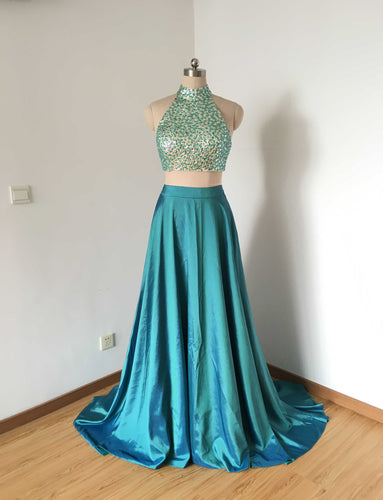 Two Piece Teal Blue Taffeta Long Prom Dress