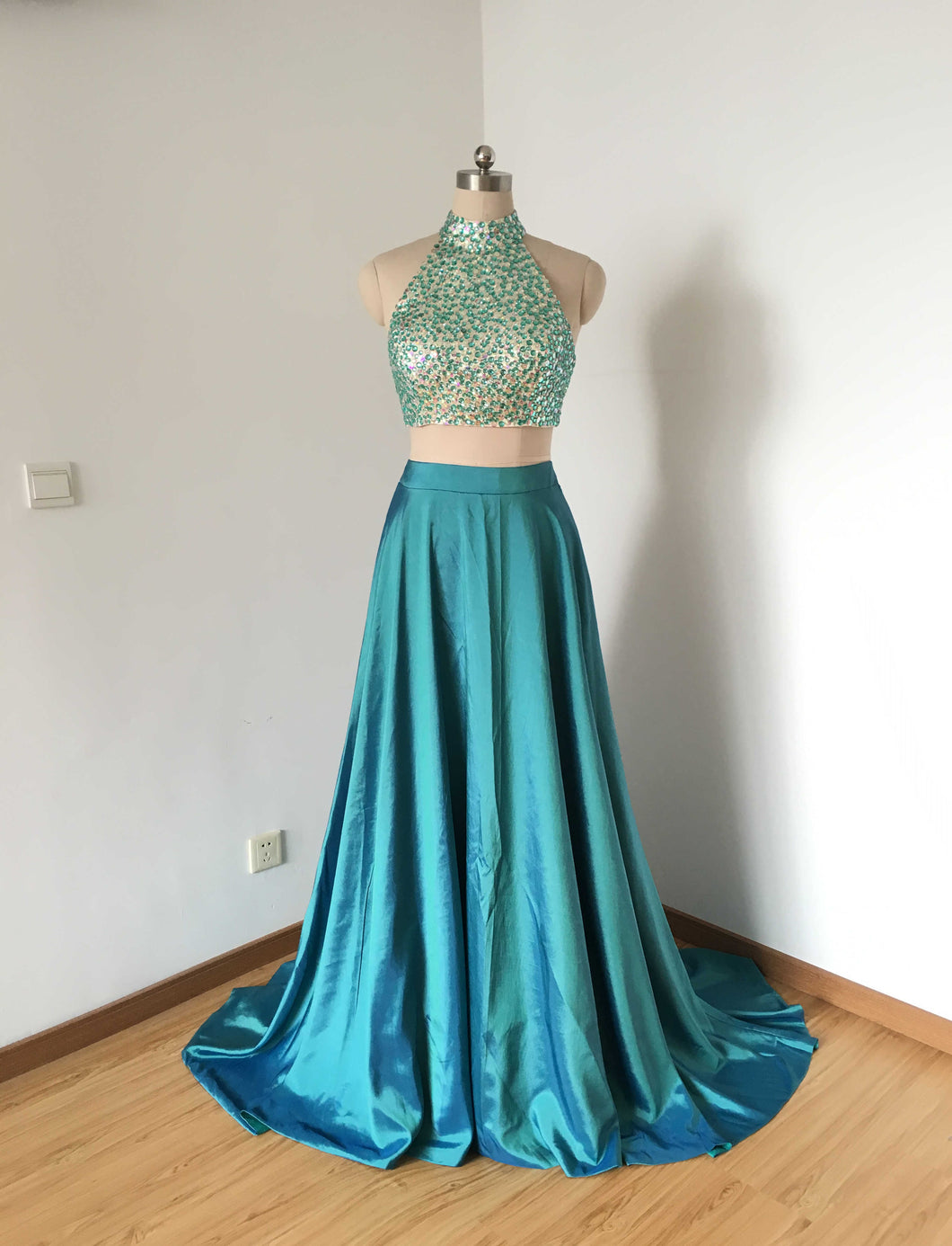 Two Piece Teal Blue Taffeta Long Prom Dress