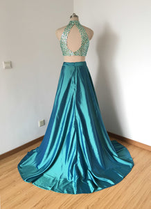 Two Piece Teal Blue Taffeta Long Prom Dress