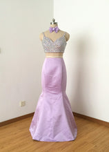 Load image into Gallery viewer, Two Piece Mermaid Spaghetti Straps Lilac Satin Long Prom Dress