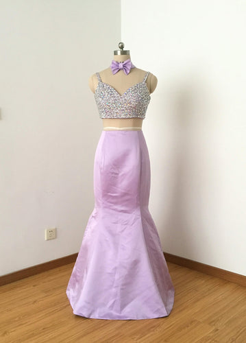 Two Piece Mermaid Spaghetti Straps Lilac Satin Long Prom Dress