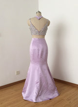 Load image into Gallery viewer, Two Piece Mermaid Spaghetti Straps Lilac Satin Long Prom Dress