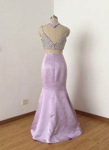 Two Piece Mermaid Spaghetti Straps Lilac Satin Long Prom Dress