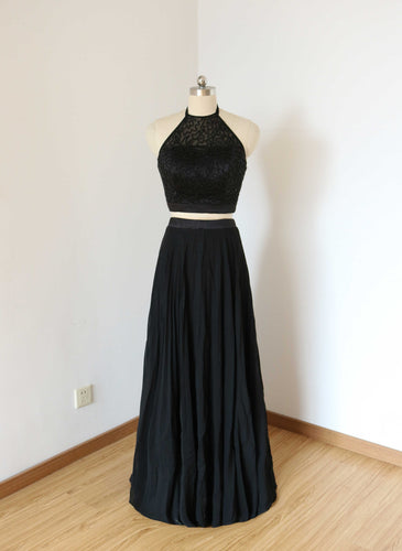 Two Piece Backless Halter Black Chiffon Long Prom Dress