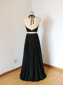 Two Piece Backless Halter Black Chiffon Long Prom Dress