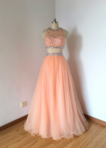 Beaded Two Piece Baby Pink Tulle Long Prom Dress