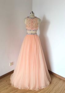 Beaded Two Piece Baby Pink Tulle Long Prom Dress