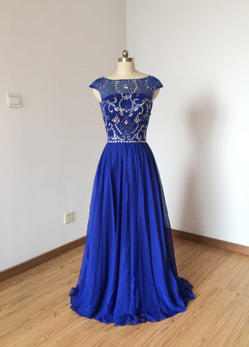 Cap Sleeves Royal Blue Chiffon Long Prom Dress