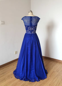 Cap Sleeves Royal Blue Chiffon Long Prom Dress