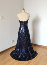 Load image into Gallery viewer, Sweetheart Navy Blue Sequin Long Prom Dress with Slit