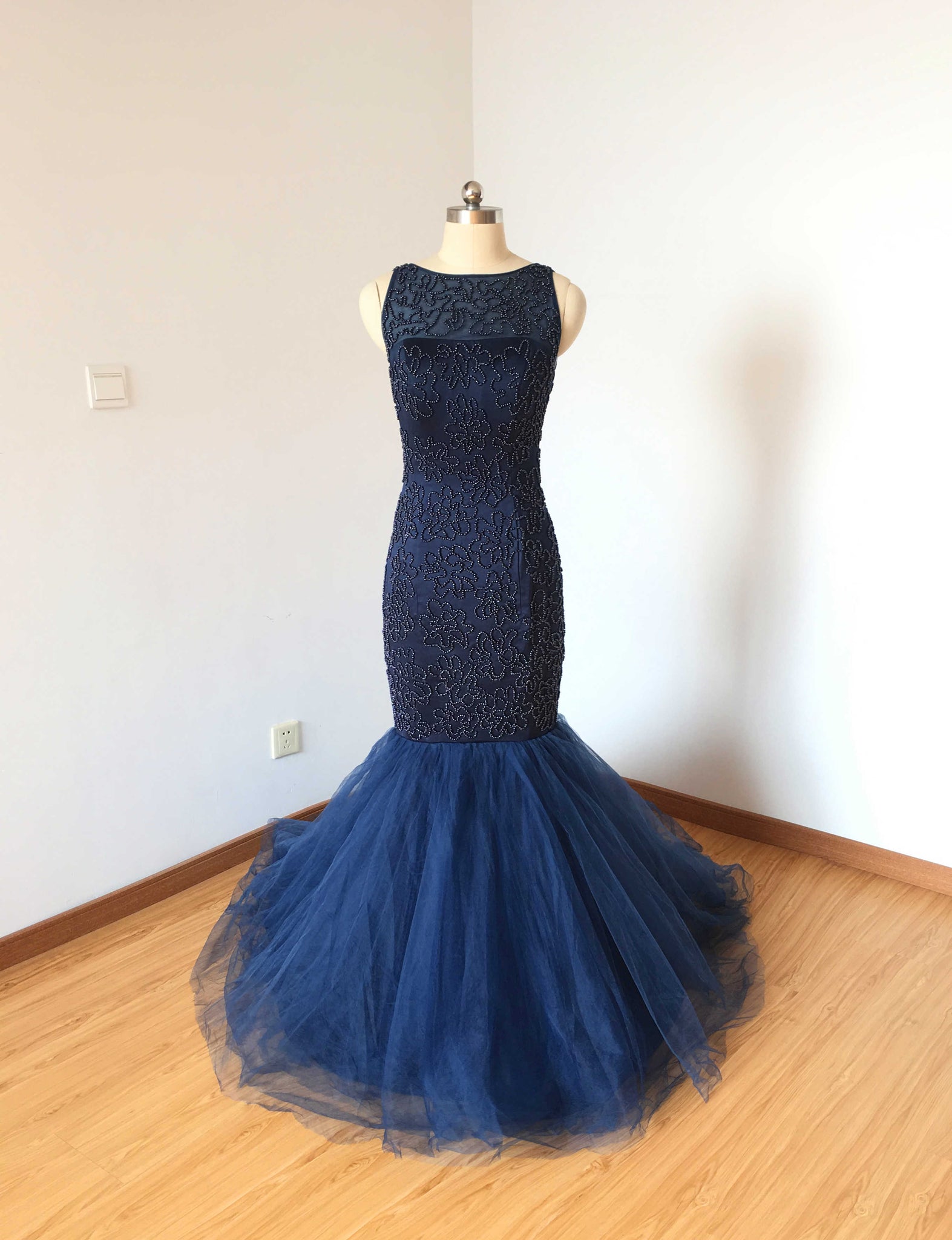 blue tulle mermaid prom dress with beaded Luxury Allover Crystals Beading Blue Mermaid Prom Dress