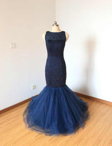 Beaded Mermaid V-back Navy Blue Tulle Long Prom Dress