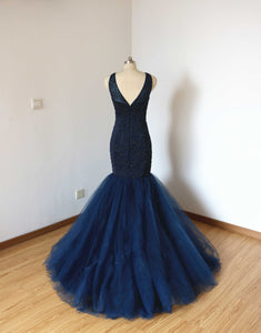 Beaded Mermaid V-back Navy Blue Tulle Long Prom Dress