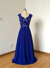 Load image into Gallery viewer, Backless Cap Sleeves Royal Blue Chiffon Long Prom Dress