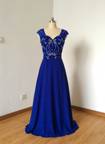 Backless Cap Sleeves Royal Blue Chiffon Long Prom Dress