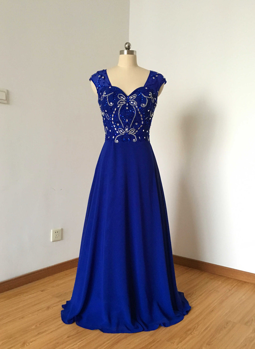 Backless Cap Sleeves Royal Blue Chiffon Long Prom Dress