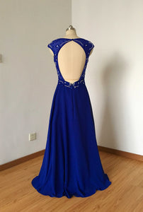 Backless Cap Sleeves Royal Blue Chiffon Long Prom Dress