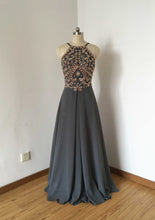 Load image into Gallery viewer, Backless Spaghetti Straps Charcoal Grey Chiffon Long Prom Dress