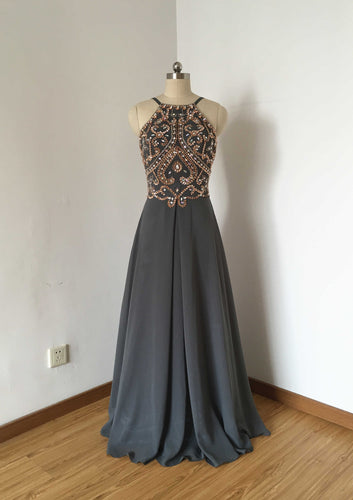 Backless Spaghetti Straps Charcoal Grey Chiffon Long Prom Dress