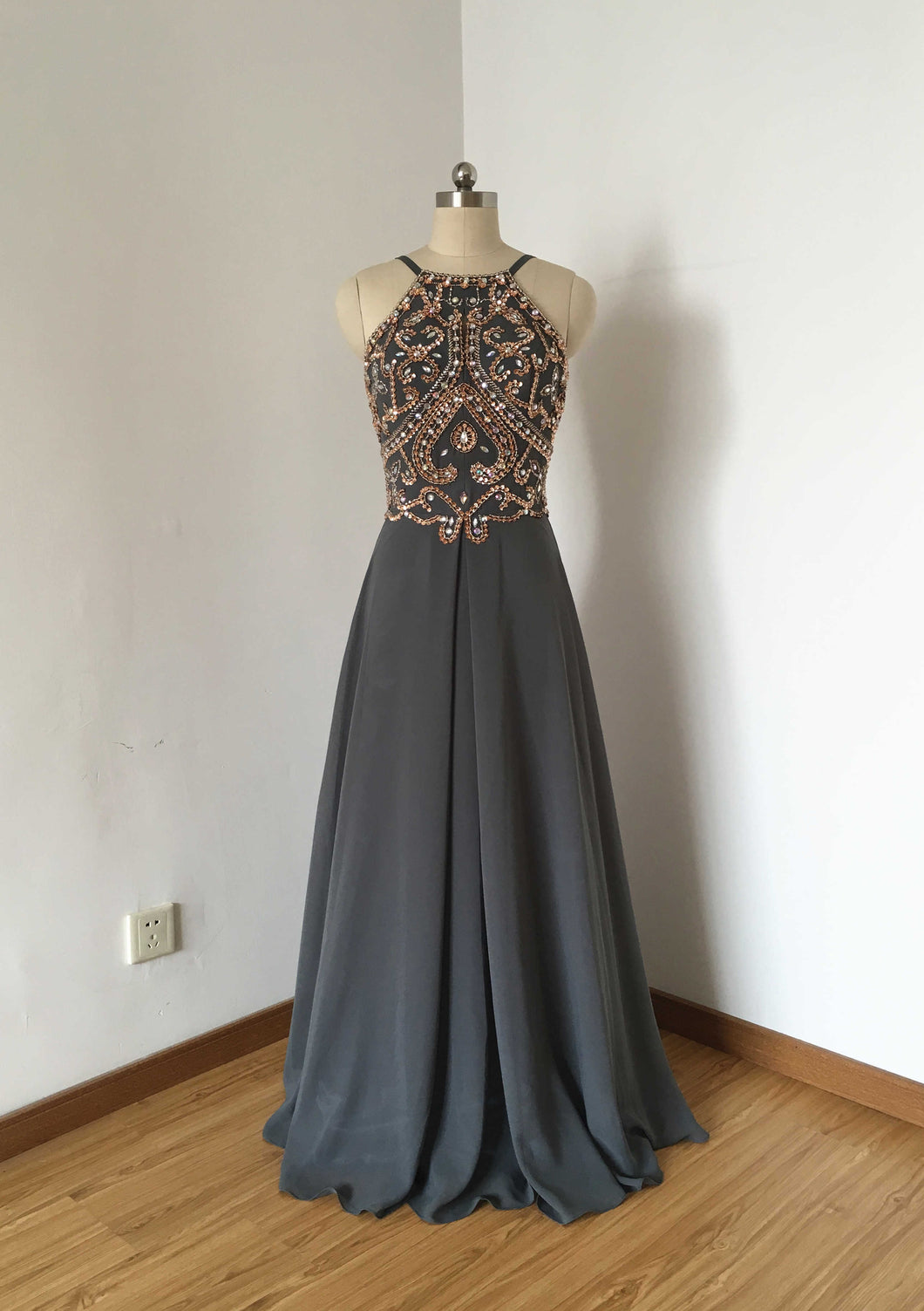 Backless Spaghetti Straps Charcoal Grey Chiffon Long Prom Dress