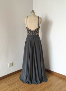 Backless Spaghetti Straps Charcoal Grey Chiffon Long Prom Dress