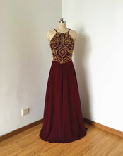 Load image into Gallery viewer, Backless Spaghetti Straps Burgundy Chiffon Long Prom Dress with Gold Beads